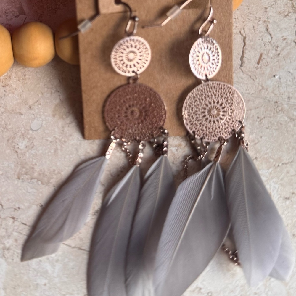 Boho Feather Dangle Earrings in Taupe - Lightweight Women’s Jewelry - Picture 2 of 4